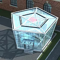 Hexagonal Glass Building With Star Shaped Skylight And Red Brick Background 3d model