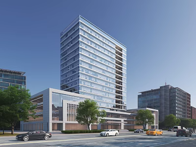 Modern Office Building With Glass Curtain Walls Surrounding Buildings Trees And Street Vehicles 3d model