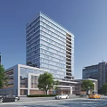 Modern Office Building With Glass Curtain Walls Surrounding Buildings Trees And Street Vehicles