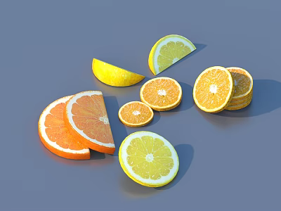 Fresh Citrus Fruits Sliced Oranges and Lemons Vibrant Colorful Pieces on Gray Background 3d model