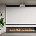 Projection Setup With Screen Projector Fireplace Green Plant And Flames In Interior