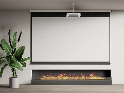 Projection Setup With Screen Projector Fireplace Green Plant And Flames In Interior 3d model