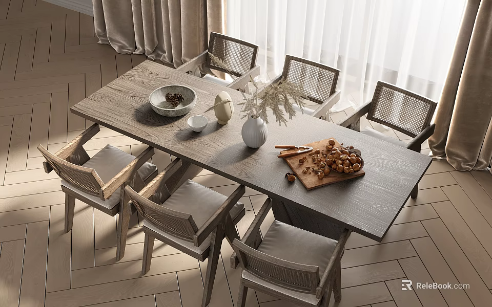 Modern Dining Table Set with Rattan Chairs Bowl Vase and Nuts on Herringbone Floor 3d model 