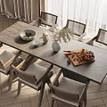 Modern Dining Table Set with Rattan Chairs Bowl Vase and Nuts on Herringbone Floor