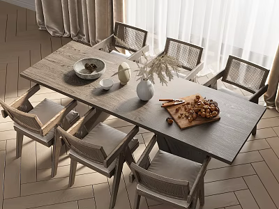 Modern Dining Table Set with Rattan Chairs Bowl Vase and Nuts on Herringbone Floor 3d model