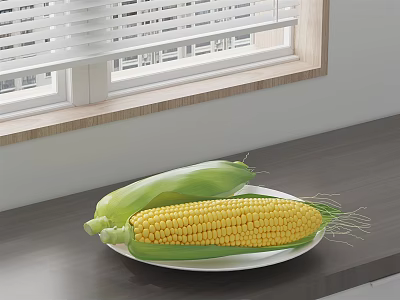 Fresh Yellow Corn on White Plate on Dark Countertop by Window with Blinds 3d model