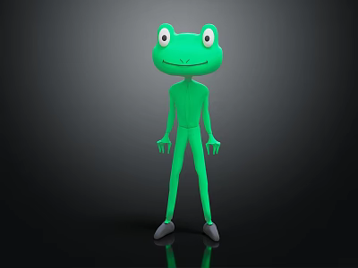 Green Frog Doll with Big Eyes and Human Like Body Standing on Dark Background 3d model