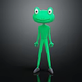 Green Frog Doll with Big Eyes and Human Like Body Standing on Dark Background