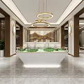 Modern Sales Office Interior With Golden Pendant Lights Sand Table Model And Marble Floor