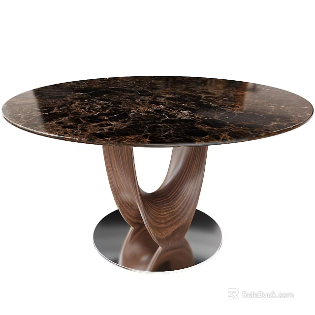 Round Dining Table With Marble Top Wooden Legs And Unique Metal Base 3d model 