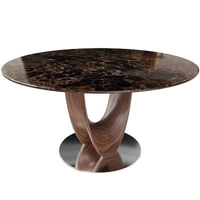 Round Dining Table With Marble Top Wooden Legs And Unique Metal Base 3d model