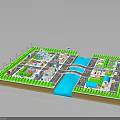 Modern Urban Community Layout With Green Spaces Water Channels Roads And Wind Turbines