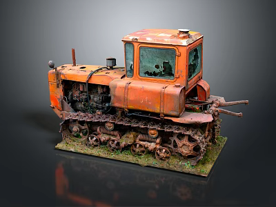 Old Orange Tracked Tractor Model With Rusty Parts On Display Base 3d model