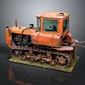 Old Orange Tracked Tractor Model With Rusty Parts On Display Base 3d model