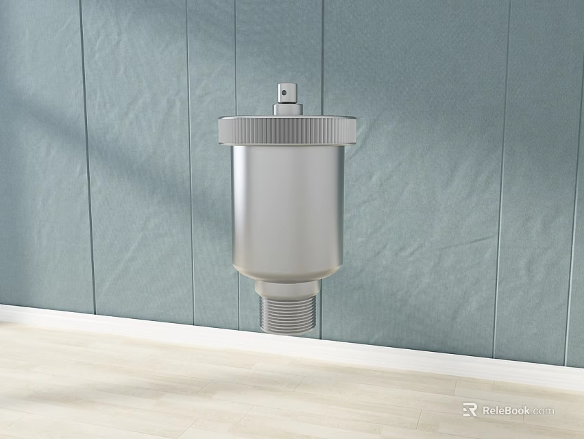 Silver Cylindrical Industrial Equipment On Light Blue Wall With Bottom Threaded Port And Top Knob 3d model 