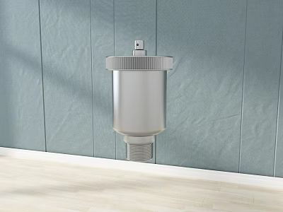 Silver Cylindrical Industrial Equipment On Light Blue Wall With Bottom Threaded Port And Top Knob 3d model