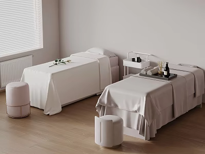 Two Massage Beds In White Minimalist Room With Wooden Floor Side Tables Trays And Stools 3d model