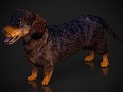 Brown Black Dachshund With Shaggy Coat Standing On Dark Background And Tongue Out 3d model