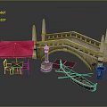 Scenic Outdoor Setting With Stone Bridge Red Umbrella Table Chairs And Gondola