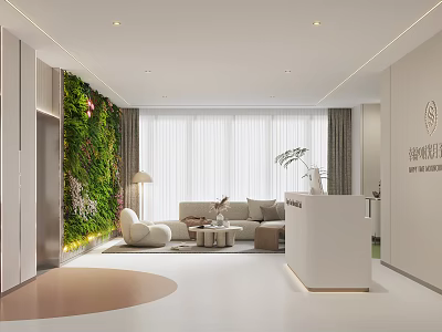 Modern Reception Area Interior With Green Plant Wall White Sofa And Large Windows 3d model