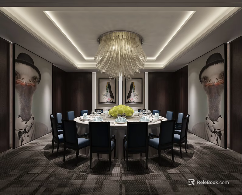 Elegant Private Dining Room Interior With Round Dining Table Blue Chairs Chandelier And Wall Art 3d model 