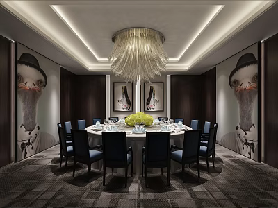 Elegant Private Dining Room Interior With Round Dining Table Blue Chairs Chandelier And Wall Art 3d model
