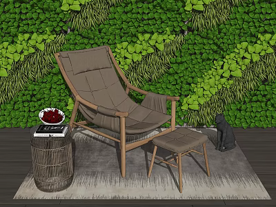 Comfortable Wooden Lounge Chair With Woven Side Table Footstool And Green Plant Wall 3d model