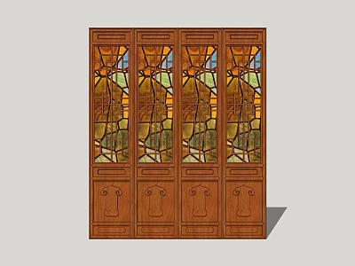 Wooden Swing Doors With Stained Glass Panels And Artistic Patterns For Home 3d model