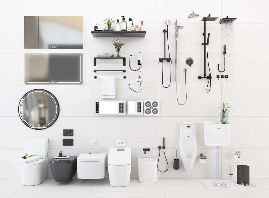 Modern Bathroom Suite with Toilet Sink Mirror Shower Fixtures and Shelf 3d model 
