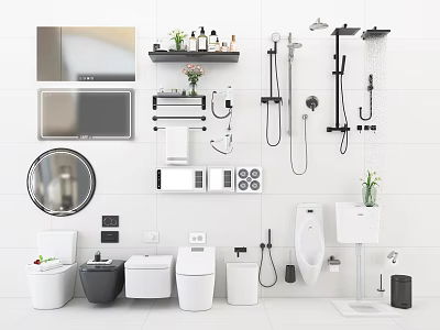 Modern Bathroom Suite with Toilet Sink Mirror Shower Fixtures and Shelf 3d model