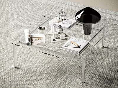 Modern Glass Top Coffee Table With Metal Frame And Decorative Magazines In Living Room 3d model