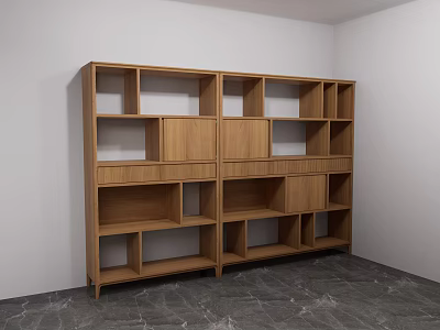 Modern Wooden Bookcase With Open Shelves And Multiple Compartments In Minimalist Interior 3d model