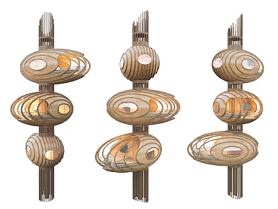 Stylish Contemporary Chandelier Featuring Layered Circular Wooden Frames And Illuminated Sections 3d model