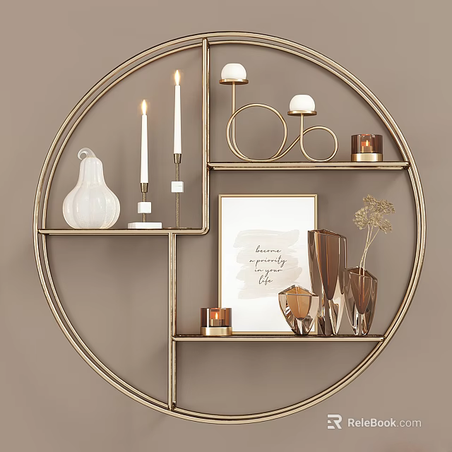 Elegant Gold Circular Metal Shelving Unit Displaying Decorative Vases Candles And Ornaments 3d model 