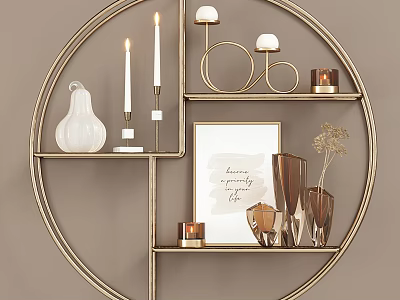 Elegant Gold Circular Metal Shelving Unit Displaying Decorative Vases Candles And Ornaments 3d model