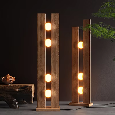 Wooden Floor Lamp With Multiple Lights And Terracotta Pot Near Green Plant 3d model