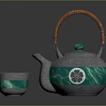 Gray And Green Tea Set With Woven Orange Handle Teapot Decorative Pattern And Matching Teacup