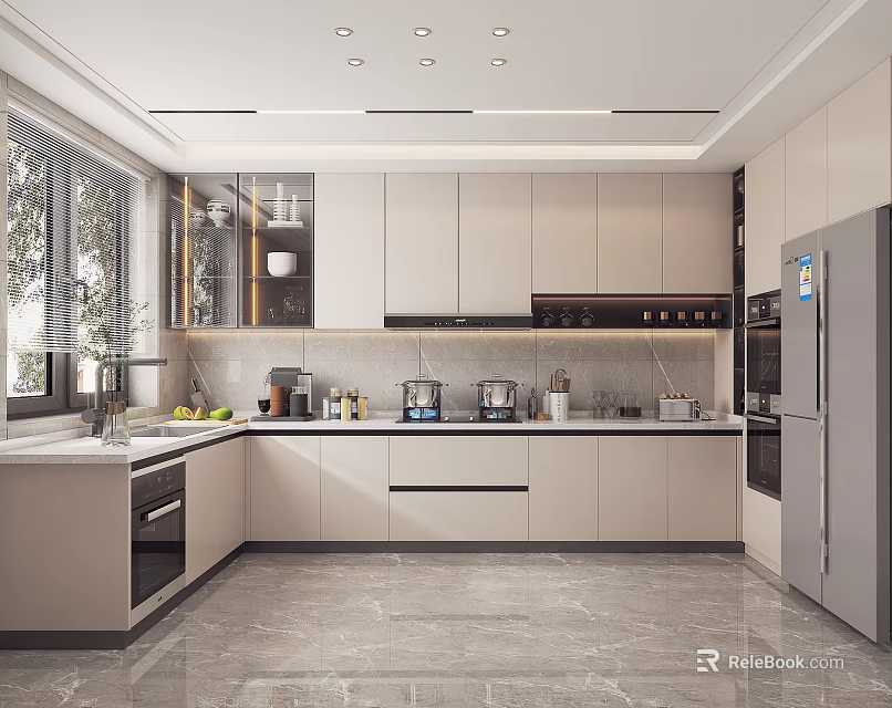 Modern Kitchen Interior With White Cabinets Marble Island And Stainless Appliances 3d model 