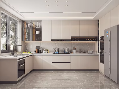 Modern Kitchen Interior With White Cabinets Marble Island And Stainless Appliances 3d model