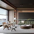 Modern Living Dining Room Interior With Green Sofa Wooden Coffee Table Rug And Decorative Plants