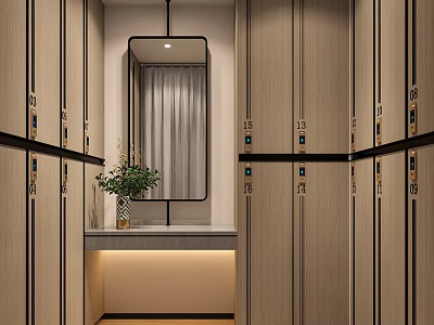 Modern Wooden Numbered Lockers With Mirror Countertop And Green Plant Decor 3d model