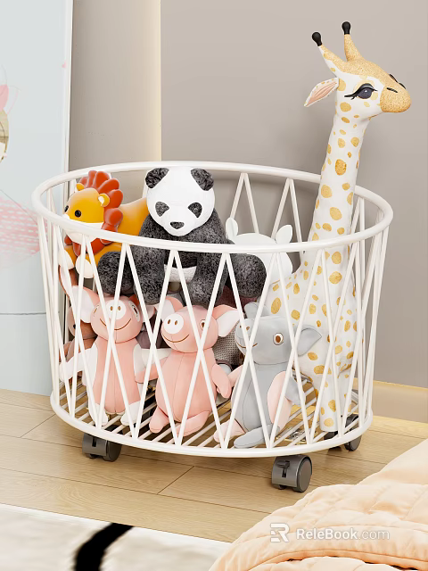 Kids Room Organized Storage Basket With Cute Plush Toys Including Panda Lion And Giraffe 3d model 