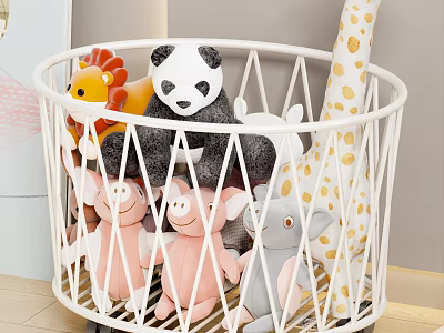 Kids Room Organized Storage Basket With Cute Plush Toys Including Panda Lion And Giraffe 3d model