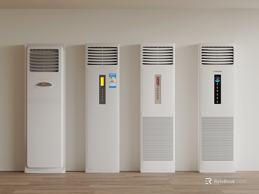 White Floor Standing Air Conditioners With Different Control Panels Against Wall 3d model 