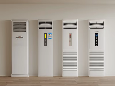 White Floor Standing Air Conditioners With Different Control Panels Against Wall 3d model