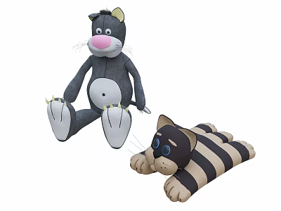 Plush Cat Dolls Set With Standing Gray And Lying Brown Black Striped Stuffed Toys 3d model