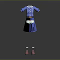 Blue Dress With White Collar Cuffs Brown Belt Pleated Skirt And Pink Shoes