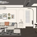 Elegant Living And Dining Room Interior Design With Beige Sofa Chandelier Dining Table Herringbone Floor