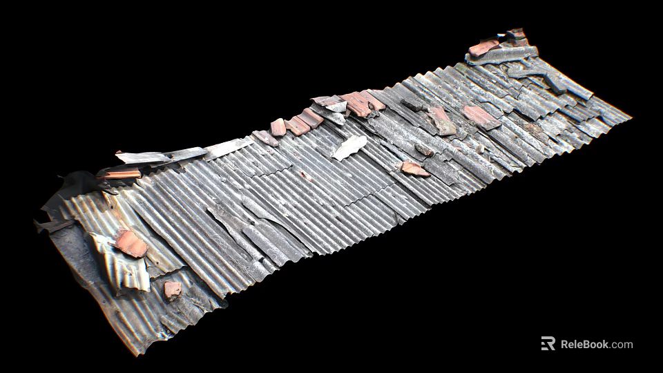 Old Broken Corrugated Metal Roof With Rusted Red Patches And Fragments 3d model 
