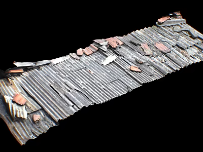 Old Broken Corrugated Metal Roof With Rusted Red Patches And Fragments 3d model